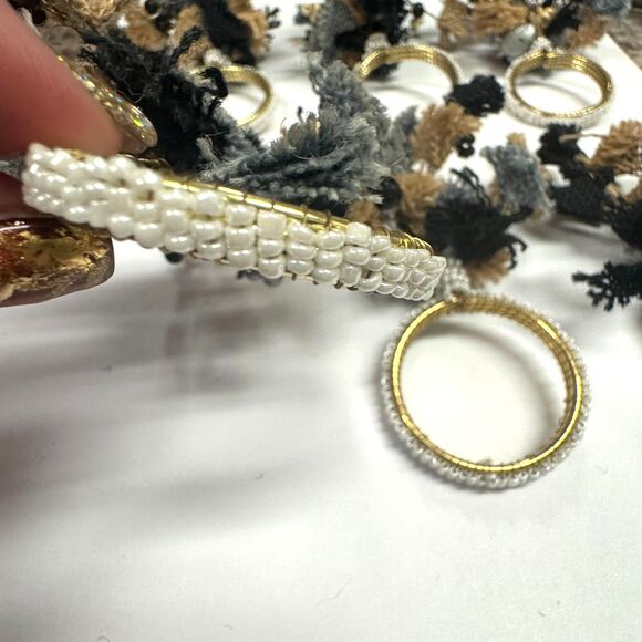 Pier 1 Imports Black Blue Jute Burlap Stones Pearl Beaded Napkin Rings Set of 6 - Picture 3 of 6